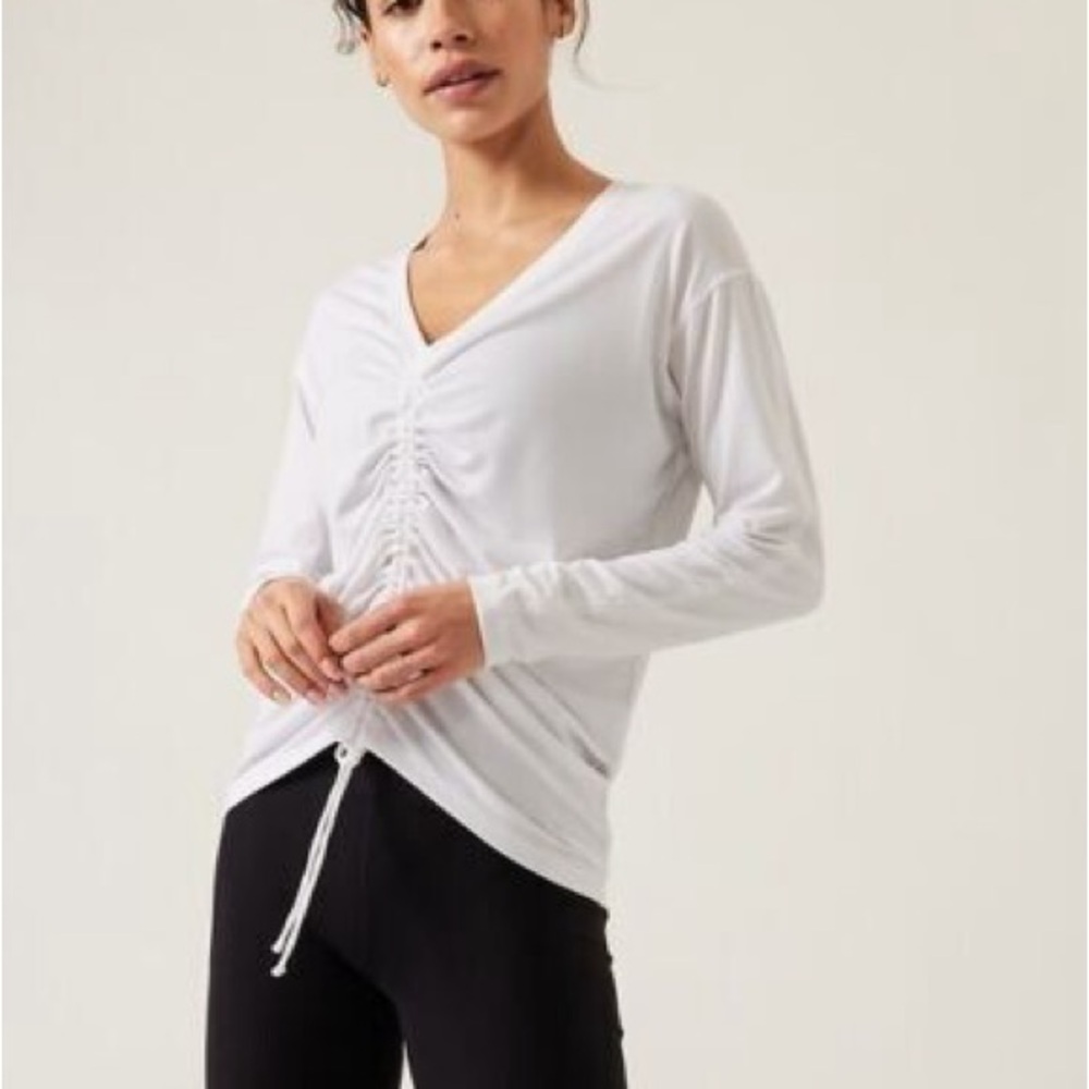 Athleta White Cinched V-Neck Women's Long Sleeve Top